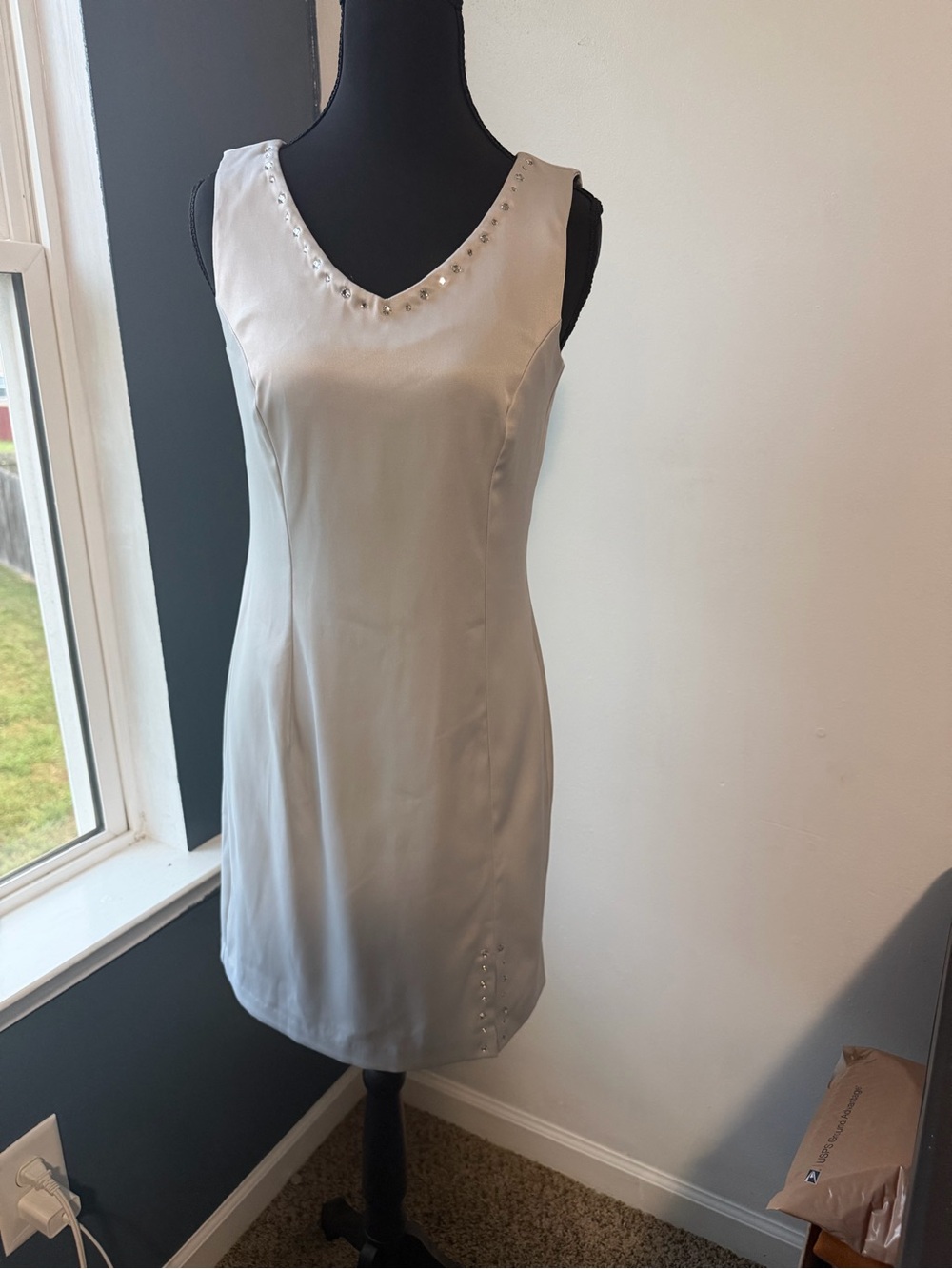 Sleeveless Embellished V-Neck Slip Dress - Cream